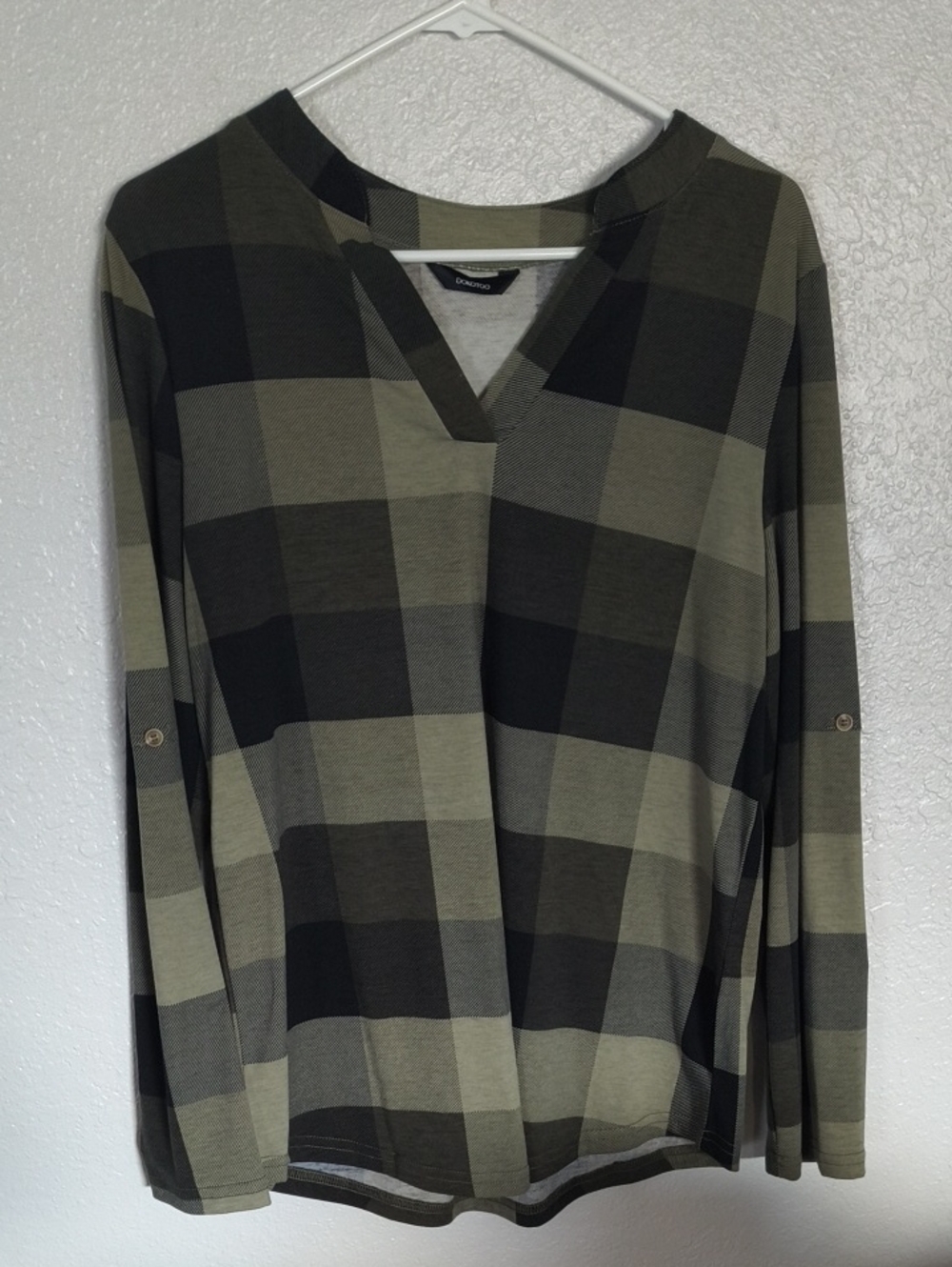 Olive and Black Plaid V-neck Long Sleeve Top